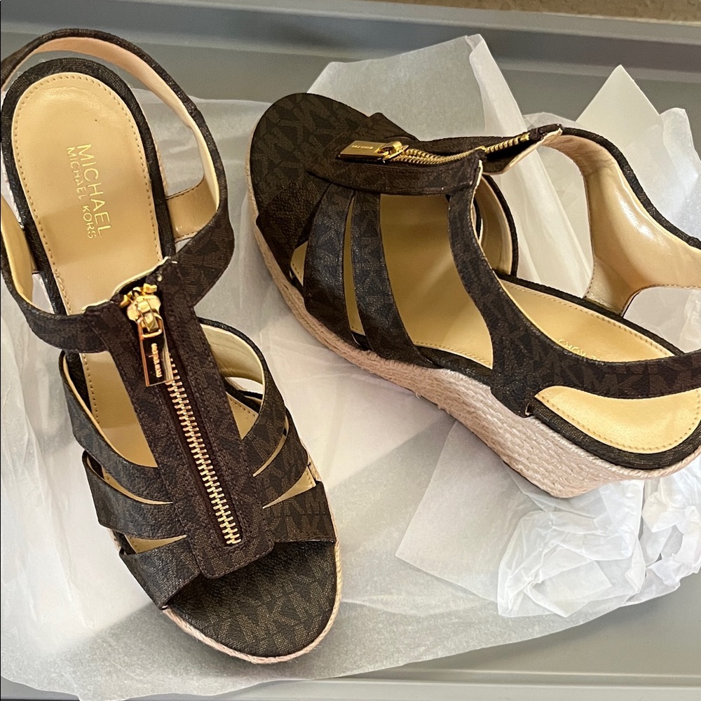 Michael Kors Dark Brown Wedge Sandals with Gold Accents